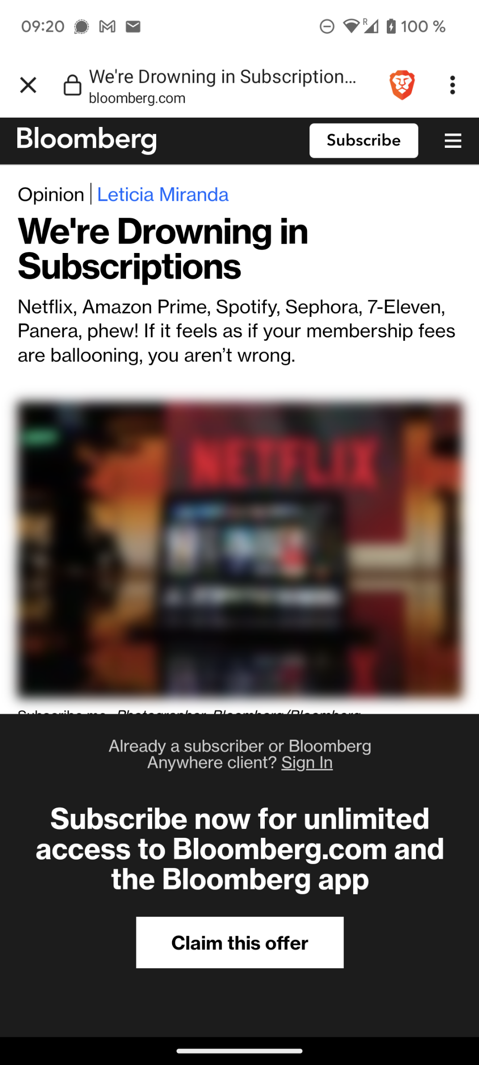 An article on Bloomberg named "We're Drowning in Subscriptions" locked behind a subscription paywall.