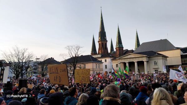 Menschenmenge mit Plakaten und Fahnen