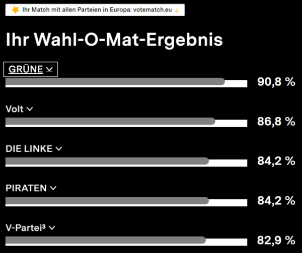 Wahl-O-Mat-Ergebnis: Grüne, Volt, DIE LINKE, Piraten, V-Partei³