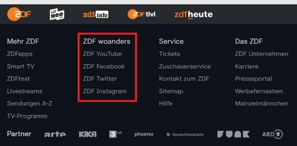 Ein Screenshot von zdf.de:
Im Footer wird auf den YouTube-Kanal, und die Facebook-, Twitter- und Instagram-Konten des ZDF verwiesen. Das Mastodon-Konto fehlt.